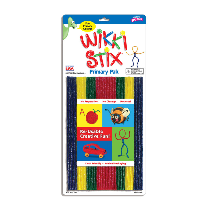 verpakking met Wikki Stix in basiskleuren en kleurrijke voorbeelden