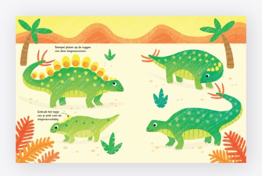 Stempelen met je vingers , dinosaurussen, twee voorbeeldpagina’s uit het vingerstempelboek met dino’s en aangevulde vingerafdrukstempels in verschillende kleuren