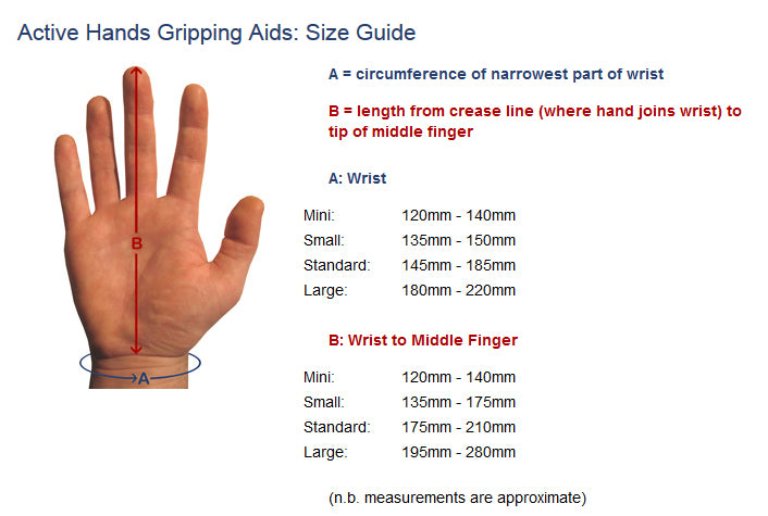 active hands Active hands maattabel, active hands gripping aids size guide