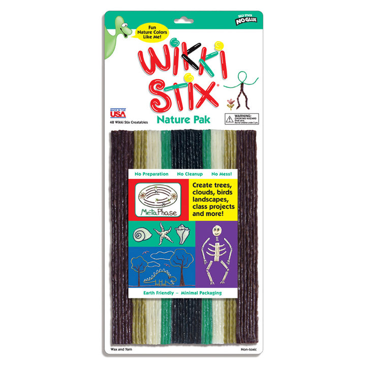 verpakking met Wikki Stix in natuurlijke kleuren en voorbeelden van creatieve figuren