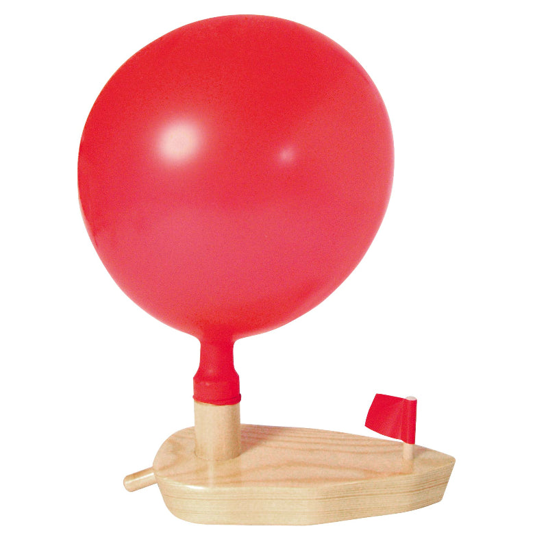 Balloh Knatterboot houten bootje met ballon op witte achtergrond, mondmotoriekspeelgoed
