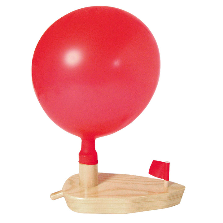 Balloh Knatterboot houten bootje met ballon op witte achtergrond, mondmotoriekspeelgoed