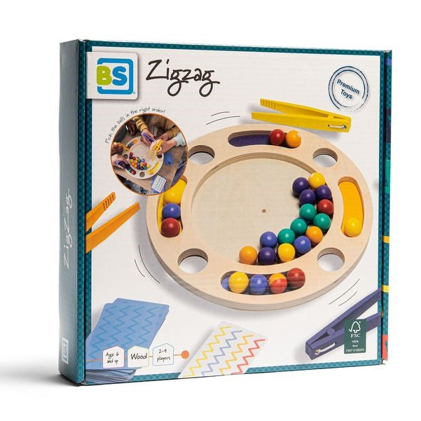 bs toys Zigzag pincettenspel verpakking, houten fijne motoriek spel met pincetten en kogels