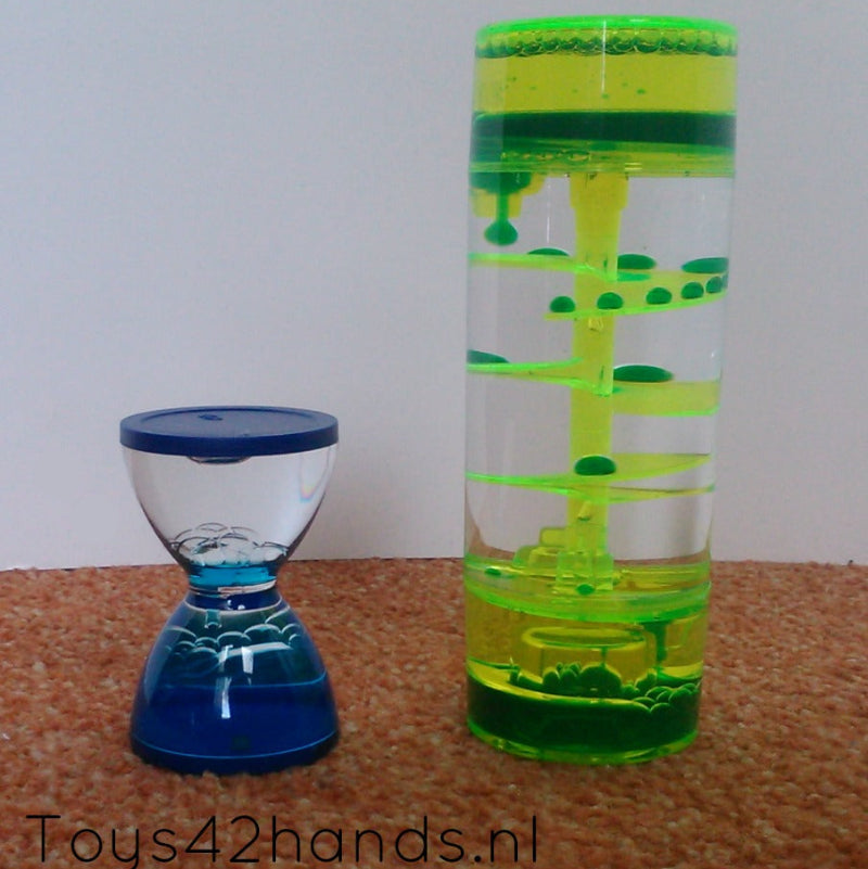 Helixtimer, lavaloper, liquid timer vergelijking met bellen blubber, sensoriek materiaal
