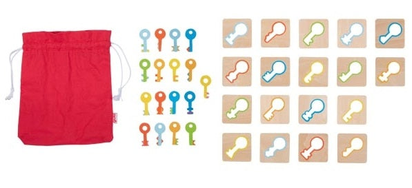 Overzicht van de voelmemory met 18 sleutels en 18 bijpassende kaartjes, educatief tast- en geheugenspel voor kinderen
