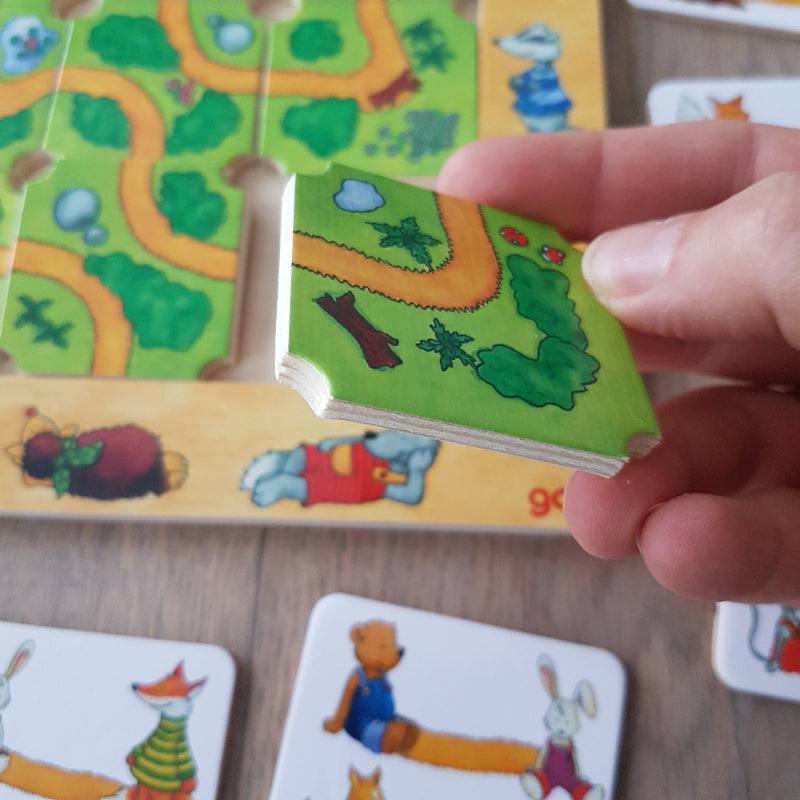 goki Geduldpuzzel vind de weg, detailfoto met houten puzzelstukken