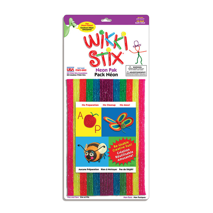 Wikki Stix neon verpakking met kleurrijke knutselvoorbeelden en creatieve figuren op de voorkant