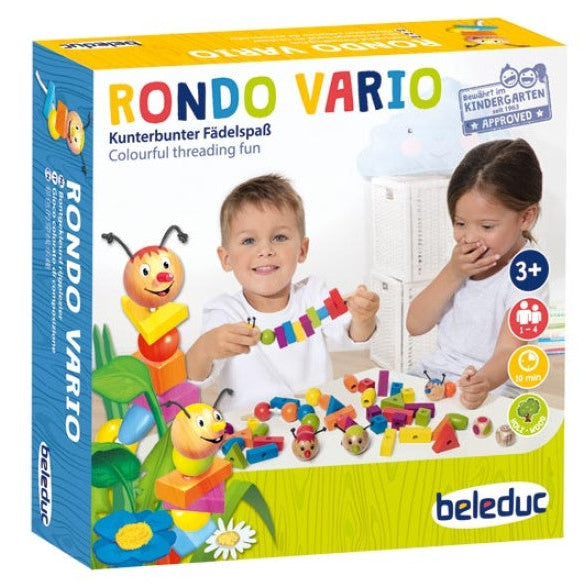 Verpakking van het houten educatieve spel Rondo Vario  van belduc met kleurrijke vormen en rupsfiguren.