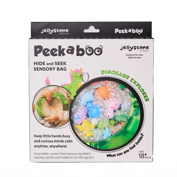 peekaboo jellystone design, dinosaur explorer, keep little hands busy, voelzak, motoriek speelgoed, sensoriek speelgoed
