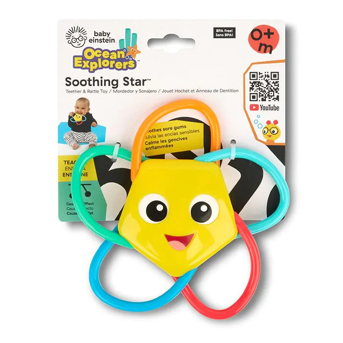 voorkant verpakking baby einstein soothing star, baby grijpspel, motoriekspeelgoed in verpakking