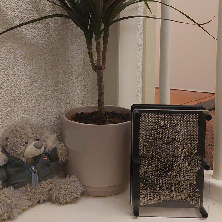 pinpression voor jong en oud, teddybeer afdruk naast plantepot als decoratie