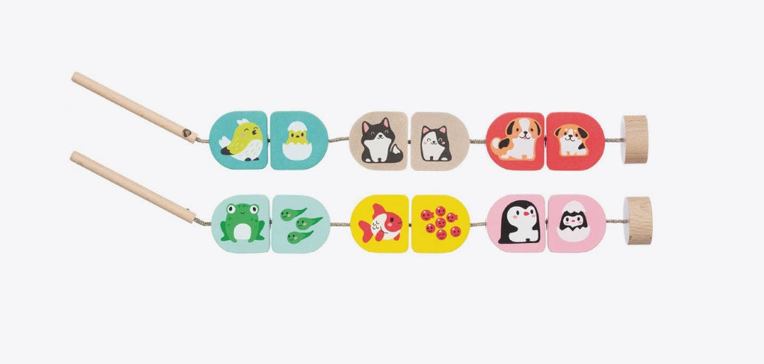 rijgketting met dieren kinderen, vogel, poes, hong, kikke, vis en pinguin, motoriekspeelgoed