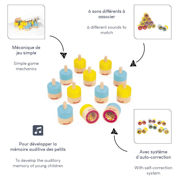 janod sensory game - sound memo met uitleg van de details, sensoriekspel