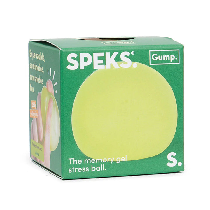 SPEKS Gump Original stressbal in kleur Algae geel in verpakking, zichtbaar in doos met duidelijke productpresentatie