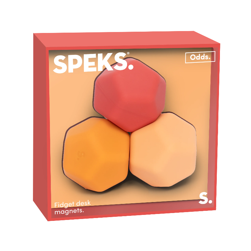 SPEKS Odds oranje fidget ballen met afgeronde rechte structuren in verpakking, set van drie zichtbaar in doos