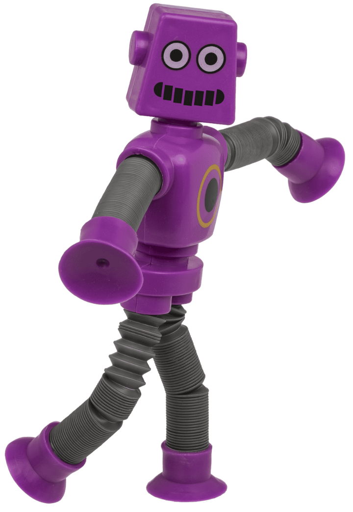 paarse friemelrobot vastgeplakt met zuignappen aan tafel