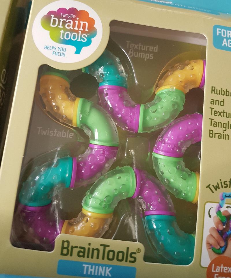 Grote brain tools think tangle fidget, paars, groen en geel in verpakking