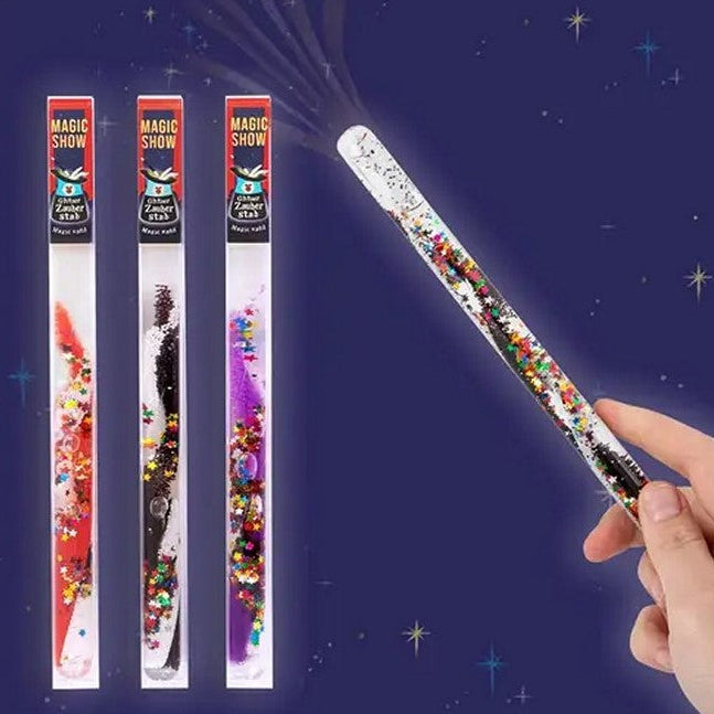 Sensorische glitter toverstaven in verpakking – rustgevend speelgoed met bewegende glitters, hand met toverstaf
